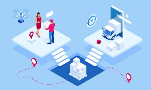 Isometric Logistics and Delivery concept. Delivery home and office. City logistics. Warehouse, truck, forklift, courier, drone and delivery man